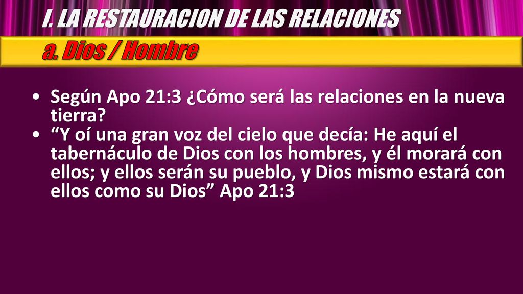 I. LA RESTAURACION DE LAS RELACIONES a. Dios / Hombre