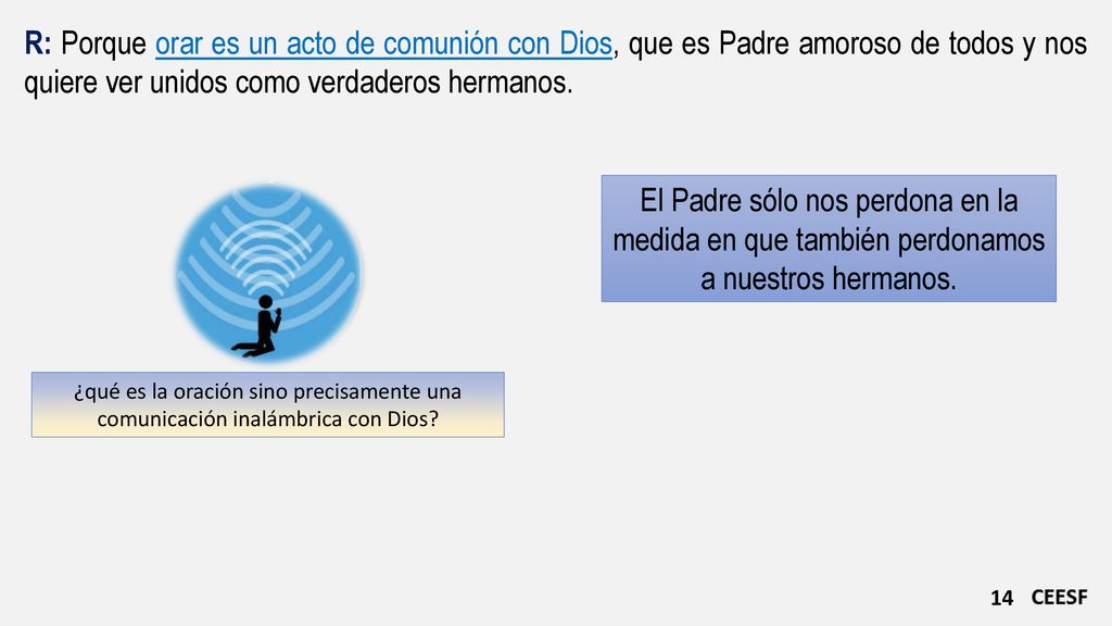 R: Porque orar es un acto de comunión con Dios, que es Padre amoroso de todos y nos quiere ver unidos como verdaderos hermanos.