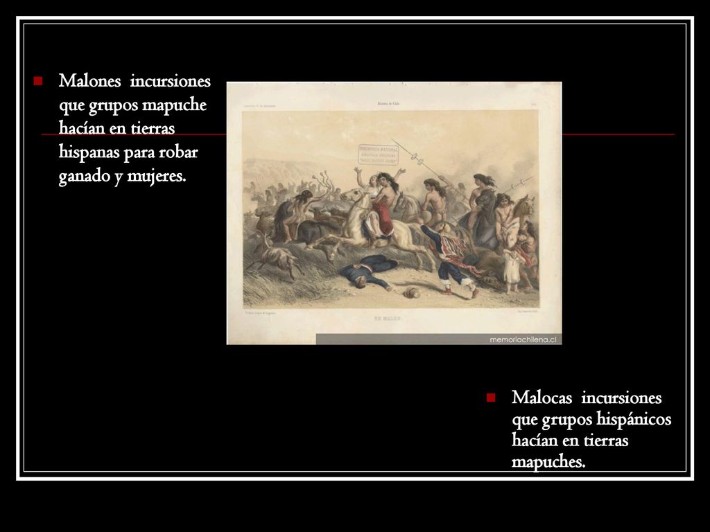 Malones incursiones que grupos mapuche hacían en tierras hispanas para robar ganado y mujeres.