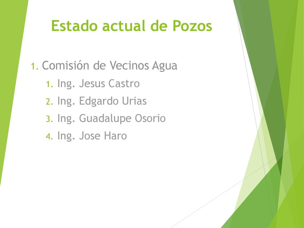 Estado actual de Pozos Comisión de Vecinos Agua Ing. Jesus Castro