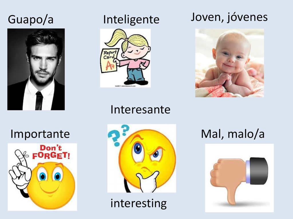 Joven, jóvenes Guapo/a Inteligente Interesante Importante Mal, malo/a interesting