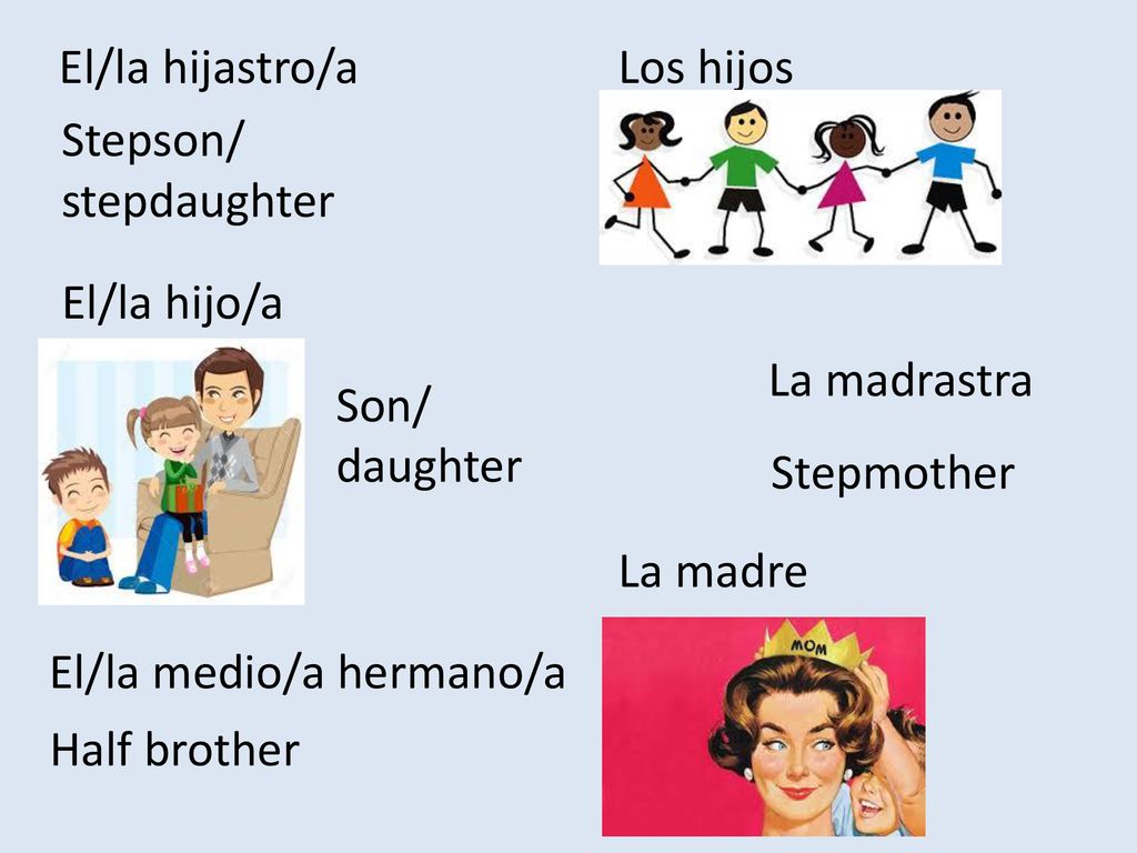 El/la hijastro/a Los hijos. Stepson/ stepdaughter. El/la hijo/a. La madrastra. Son/ daughter. Stepmother.