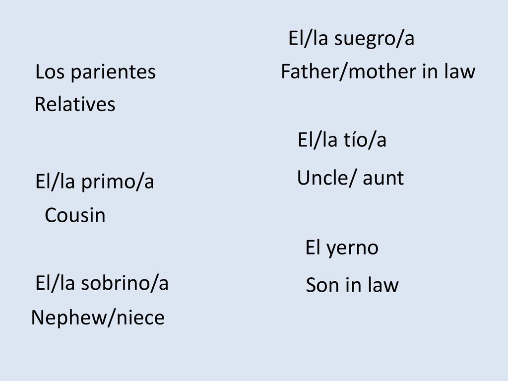 El/la suegro/a Los parientes. Father/mother in law. Relatives. El/la tío/a. Uncle/ aunt. El/la primo/a.