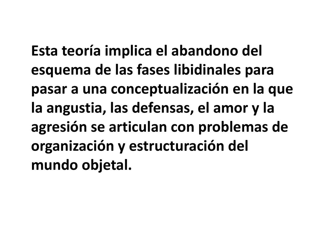Esta teoría implica el abandono del esquema de las fases libidinales para pasar a una conceptualización en la que la angustia, las defensas, el amor y la agresión se articulan con problemas de organización y estructuración del mundo objetal.