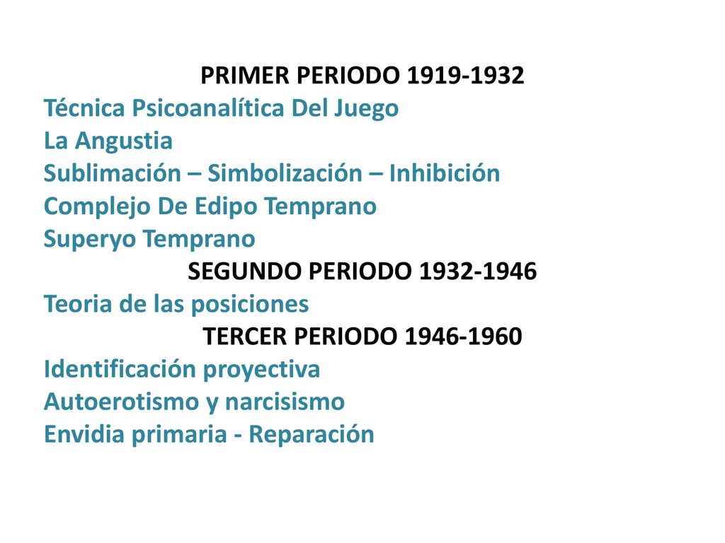PRIMER PERIODO Técnica Psicoanalítica Del Juego La Angustia Sublimación – Simbolización – Inhibición Complejo De Edipo Temprano Superyo Temprano SEGUNDO PERIODO Teoria de las posiciones TERCER PERIODO Identificación proyectiva Autoerotismo y narcisismo Envidia primaria - Reparación
