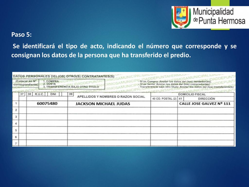 Paso 5: Se identificará el tipo de acto, indicando el número que corresponde y se consignan los datos de la persona que ha transferido el predio.