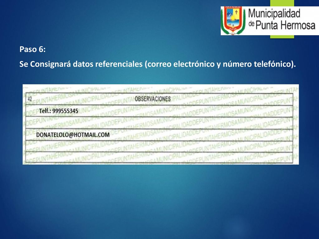 Paso 6: Se Consignará datos referenciales (correo electrónico y número telefónico).