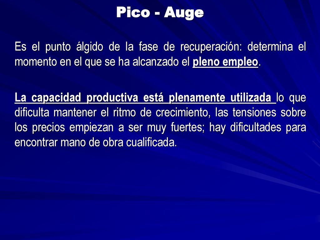 Pico - Auge Es el punto álgido de la fase de recuperación: determina el momento en el que se ha alcanzado el pleno empleo.