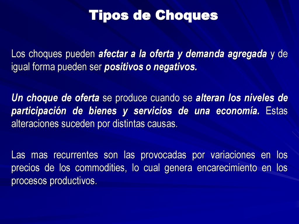 Tipos de Choques Los choques pueden afectar a la oferta y demanda agregada y de igual forma pueden ser positivos o negativos.