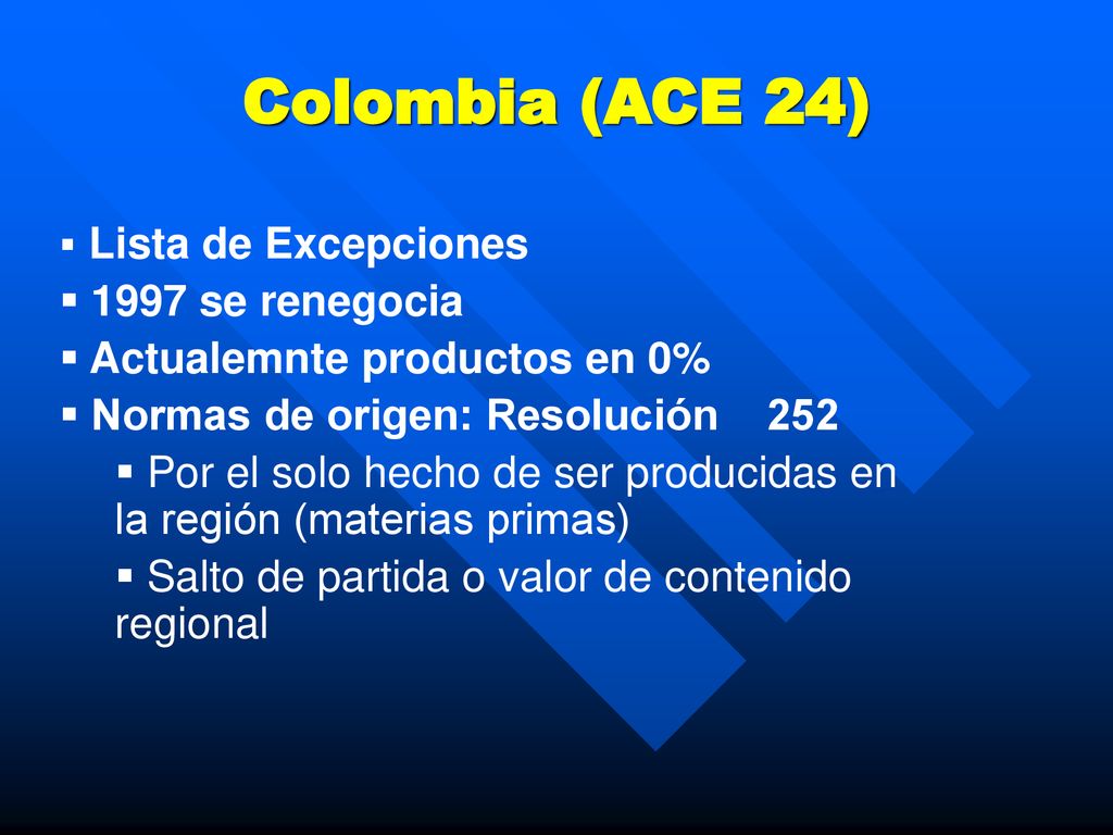 Colombia (ACE 24) 1997 se renegocia Actualemnte productos en 0%