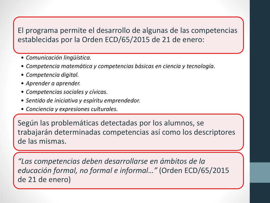 El programa permite el desarrollo de algunas de las competencias establecidas por la Orden ECD/65/2015 de 21 de enero: