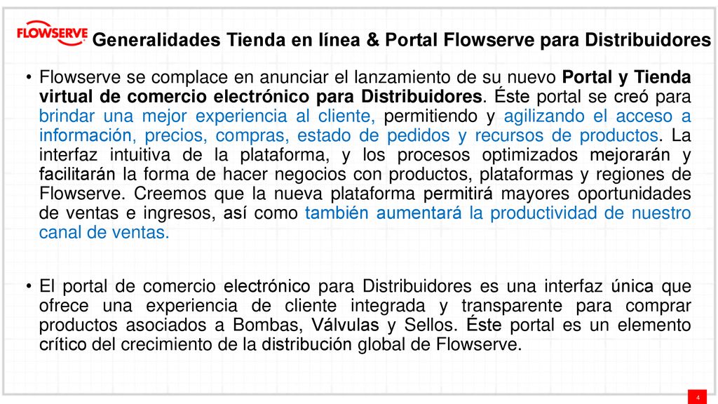 Generalidades Tienda en línea & Portal Flowserve para Distribuidores