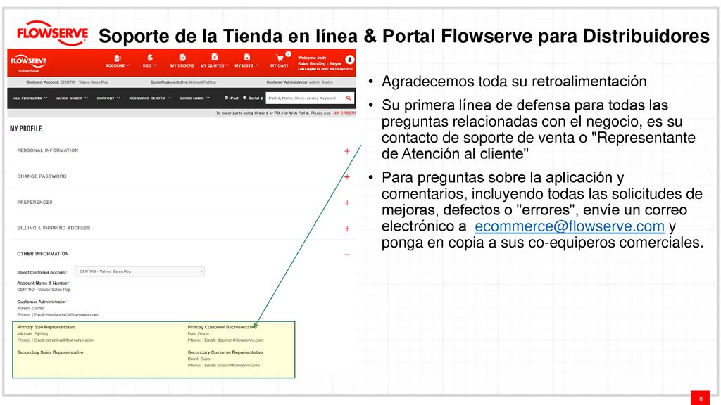 Soporte de la Tienda en línea & Portal Flowserve para Distribuidores