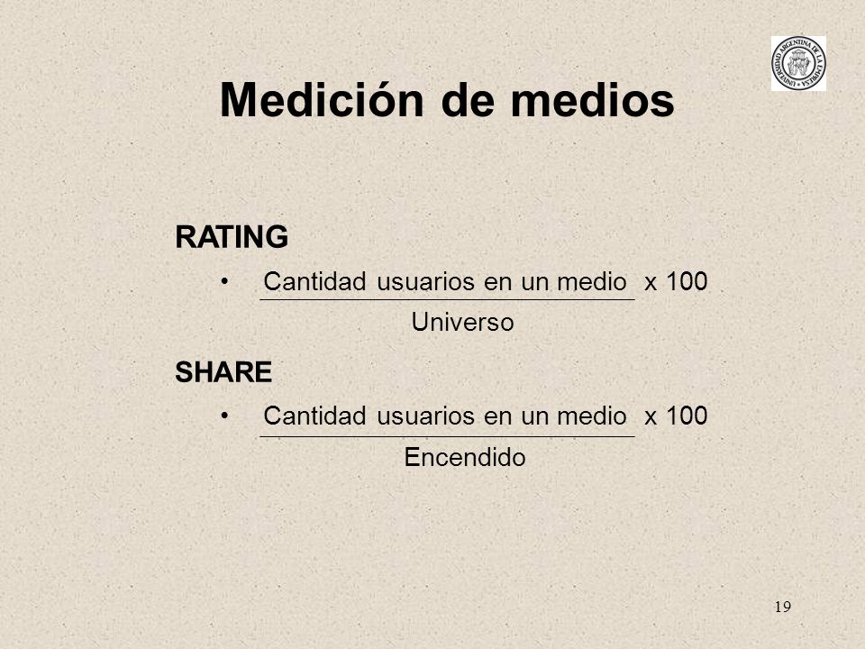 Medición de medios RATING SHARE Cantidad usuarios en un medio x 100