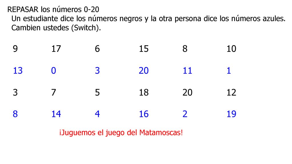 REPASAR los números 0-20 Un estudiante dice los números negros y la otra persona dice los números azules.