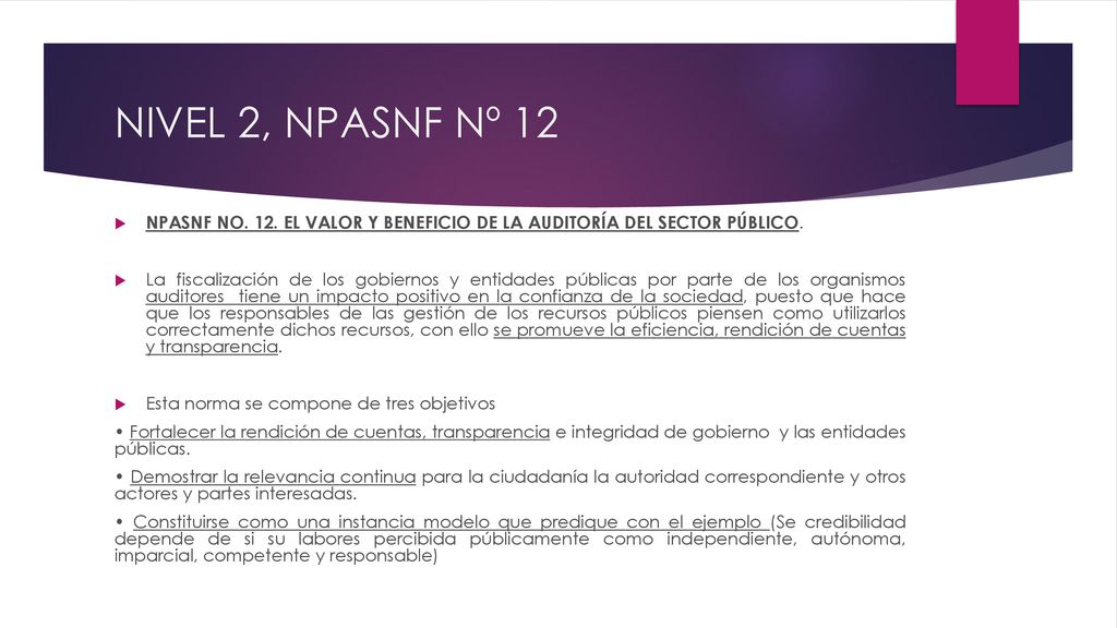 NIVEL 2, NPASNF Nº 12 NPASNF NO. 12. EL VALOR Y BENEFICIO DE LA AUDITORÍA DEL SECTOR PÚBLICO.