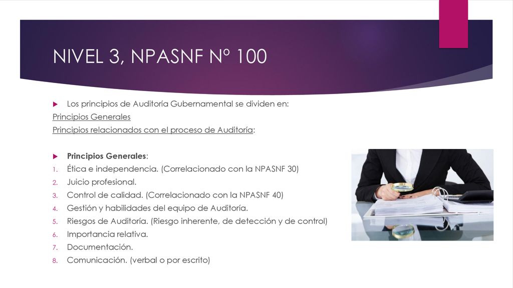 NIVEL 3, NPASNF Nº 100 Los principios de Auditoría Gubernamental se dividen en: Principios Generales.