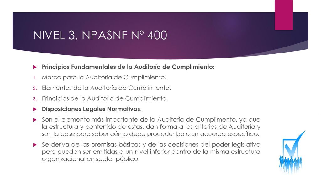 NIVEL 3, NPASNF Nº 400 Principios Fundamentales de la Auditoría de Cumplimiento: Marco para la Auditoría de Cumplimiento.