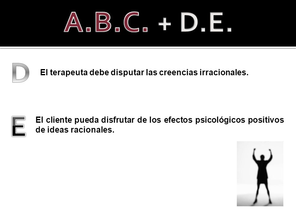 A.B.C. + D.E. D. El terapeuta debe disputar las creencias irracionales. E.