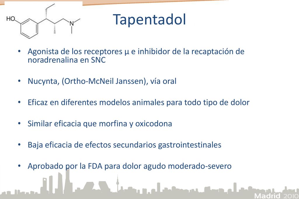 Tapentadol Agonista de los receptores µ e inhibidor de la recaptación de noradrenalina en SNC. Nucynta, (Ortho-McNeil Janssen), vía oral.