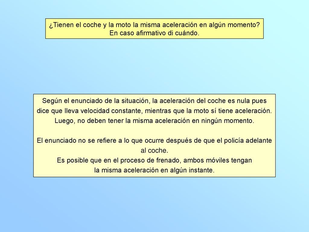¿Tienen el coche y la moto la misma aceleración en algún momento