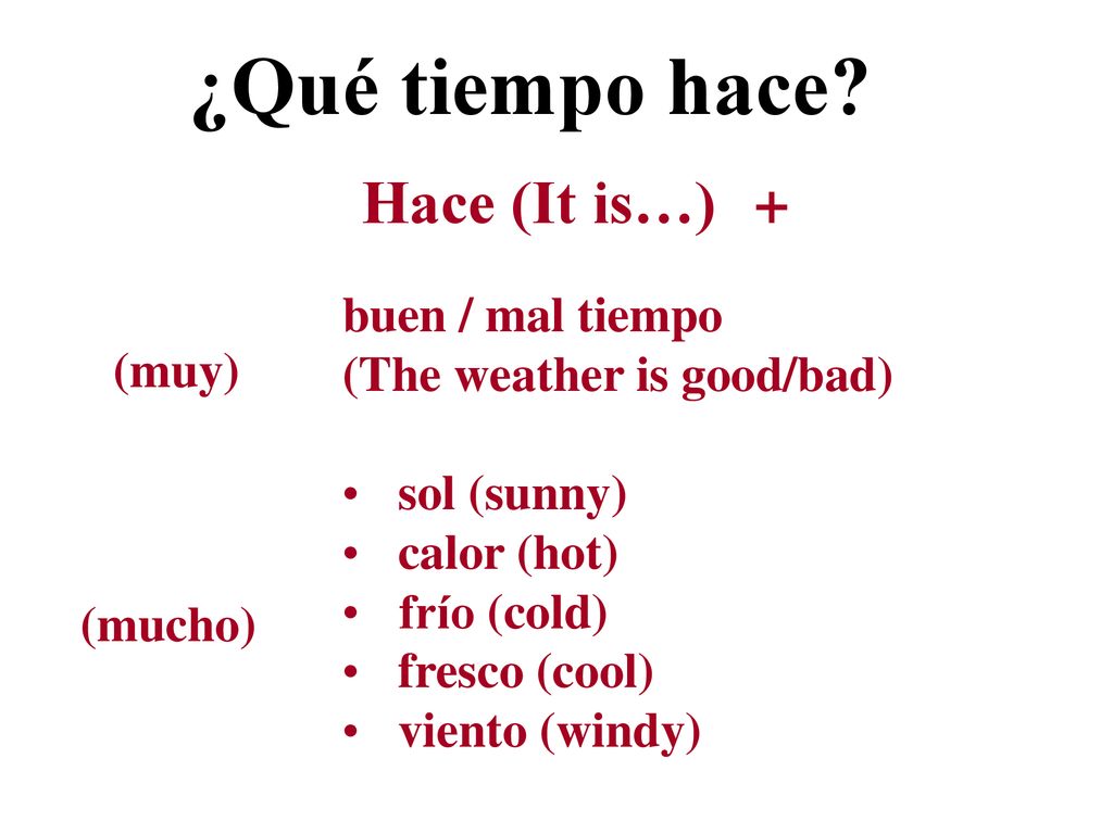 ¿Qué tiempo hace Hace (It is…) + buen / mal tiempo