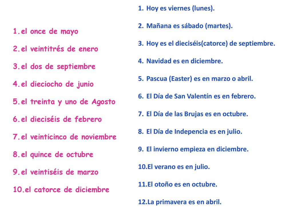 Hoy es viernes (lunes). Mañana es sábado (martes). Hoy es el dieciséis(catorce) de septiembre. Navidad es en diciembre.