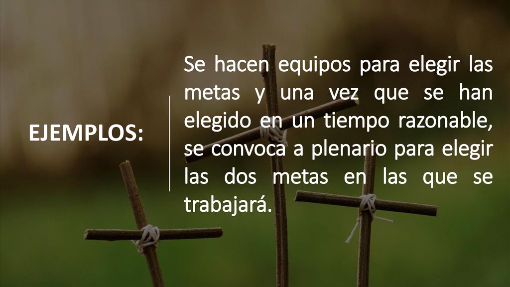 Se hacen equipos para elegir las metas y una vez que se han elegido en un tiempo razonable, se convoca a plenario para elegir las dos metas en las que se trabajará.