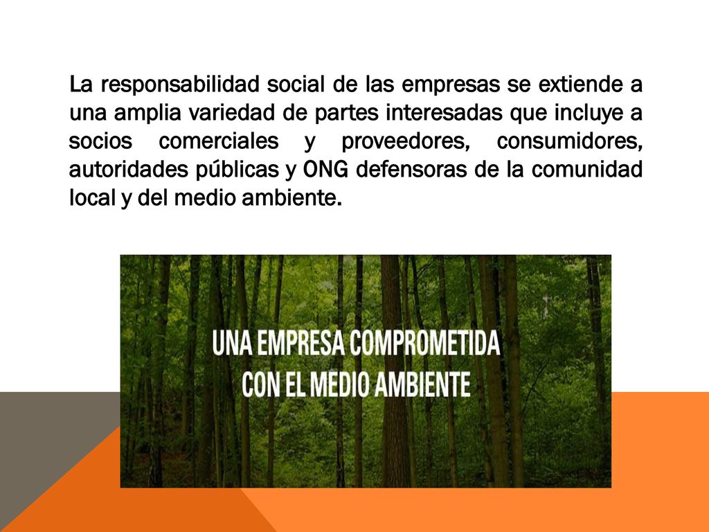 La responsabilidad social de las empresas se extiende a una amplia variedad de partes interesadas que incluye a socios comerciales y proveedores, consumidores, autoridades públicas y ONG defensoras de la comunidad local y del medio ambiente.