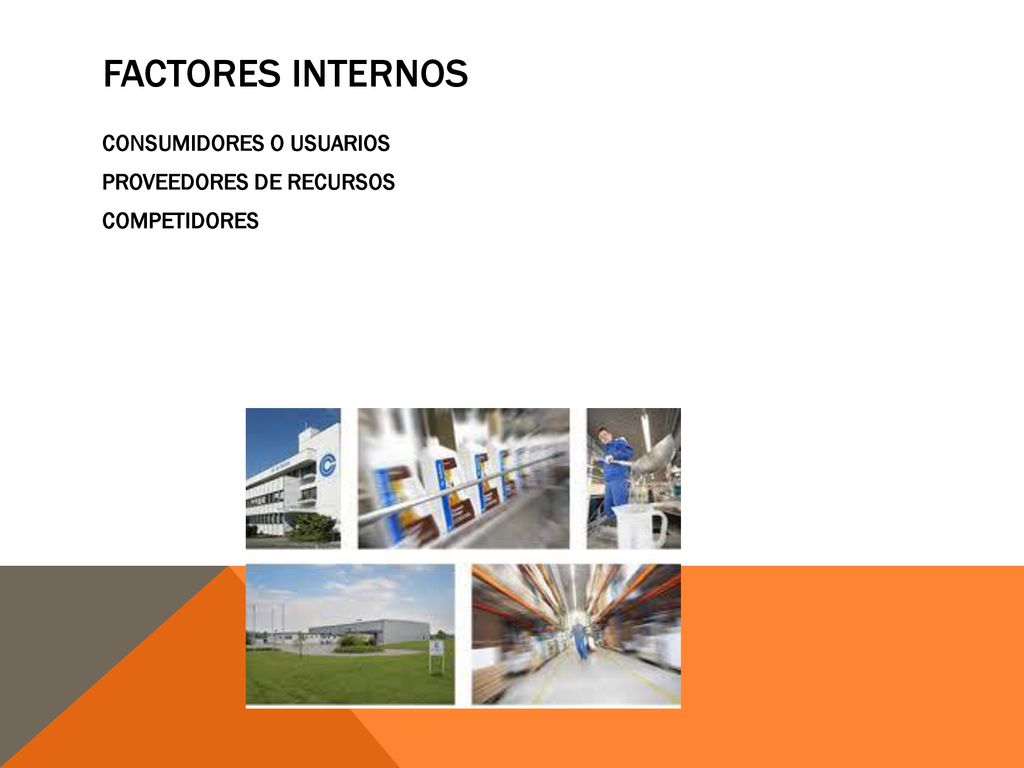 Factores Internos CONSUMIDORES O USUARIOS PROVEEDORES DE RECURSOS COMPETIDORES