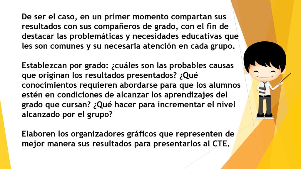 De ser el caso, en un primer momento compartan sus resultados con sus compañeros de grado, con el fin de destacar las problemáticas y necesidades educativas que les son comunes y su necesaria atención en cada grupo.