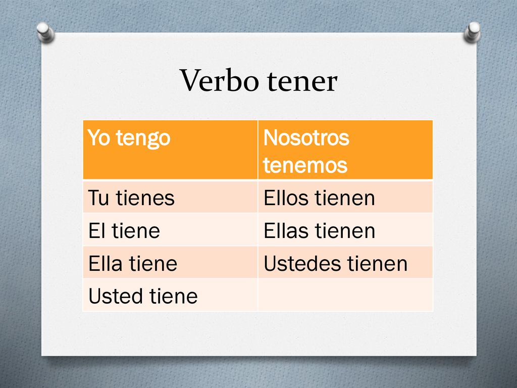 Verbo tener Yo tengo Nosotros tenemos Tu tienes Ellos tienen El tiene