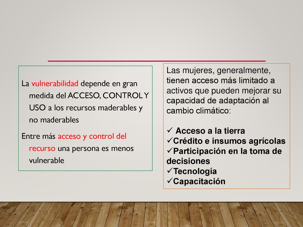 Las mujeres, generalmente, tienen acceso más limitado a activos que pueden mejorar su capacidad de adaptación al cambio climático: