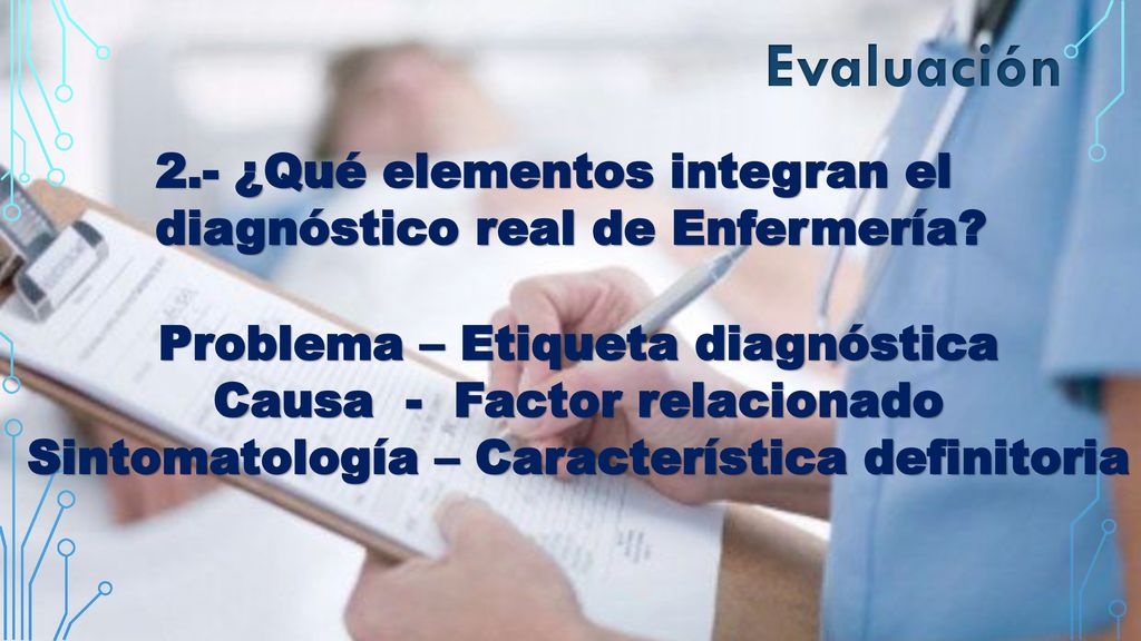 Evaluación 2.- ¿Qué elementos integran el diagnóstico real de Enfermería Problema – Etiqueta diagnóstica.