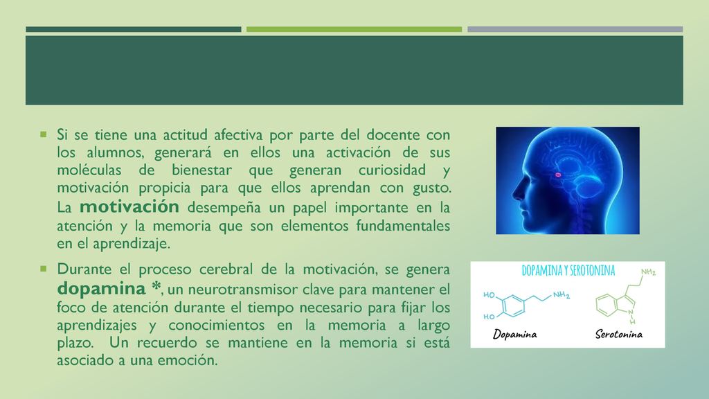 Si se tiene una actitud afectiva por parte del docente con los alumnos, generará en ellos una activación de sus moléculas de bienestar que generan curiosidad y motivación propicia para que ellos aprendan con gusto. La motivación desempeña un papel importante en la atención y la memoria que son elementos fundamentales en el aprendizaje.