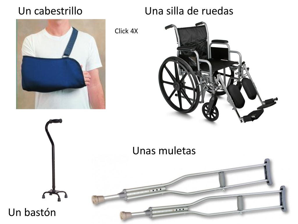 Un cabestrillo Una silla de ruedas Click 4X Unas muletas Un bastón