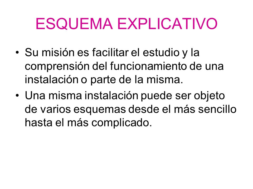 ESQUEMA EXPLICATIVO Su misión es facilitar el estudio y la comprensión del funcionamiento de una instalación o parte de la misma.