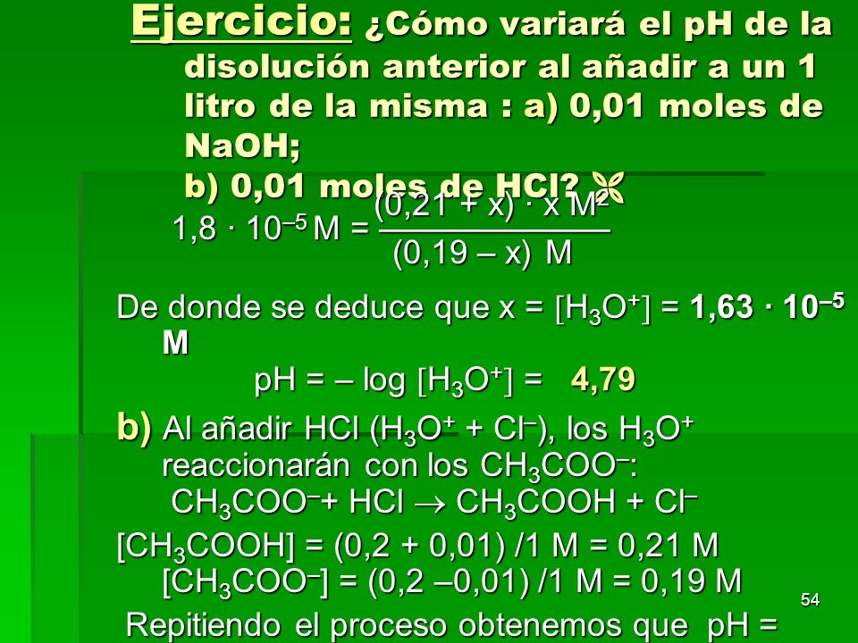 Ejercicio: ¿Cómo variará el pH de la disolución anterior al añadir a un 1 litro de la misma : a) 0,01 moles de NaOH; b) 0,01 moles de HCl 