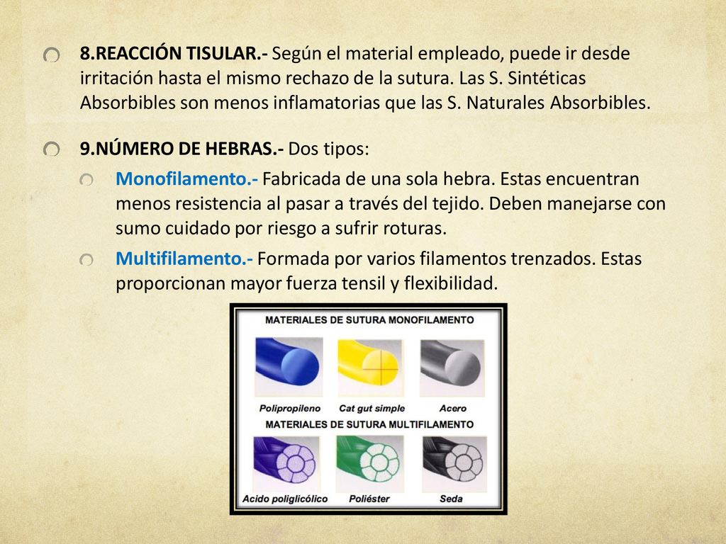 REACCIÓN TISULAR.- Según el material empleado, puede ir desde irritación hasta el mismo rechazo de la sutura. Las S. Sintéticas Absorbibles son menos inflamatorias que las S. Naturales Absorbibles.