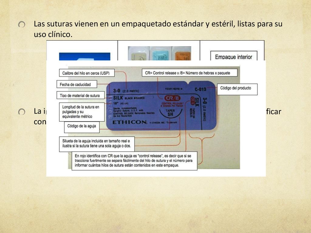 Las suturas vienen en un empaquetado estándar y estéril, listas para su uso clínico.