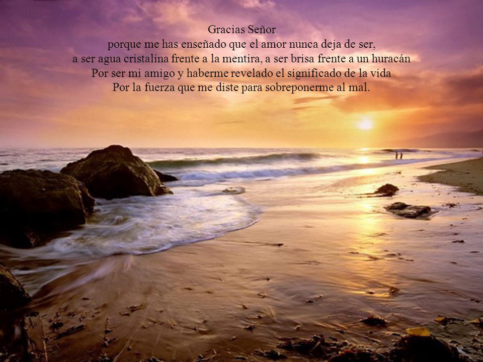 Gracias Señor porque me has enseñado que el amor nunca deja de ser, a ser agua cristalina frente a la mentira, a ser brisa frente a un huracán Por ser mi amigo y haberme revelado el significado de la vida Por la fuerza que me diste para sobreponerme al mal.