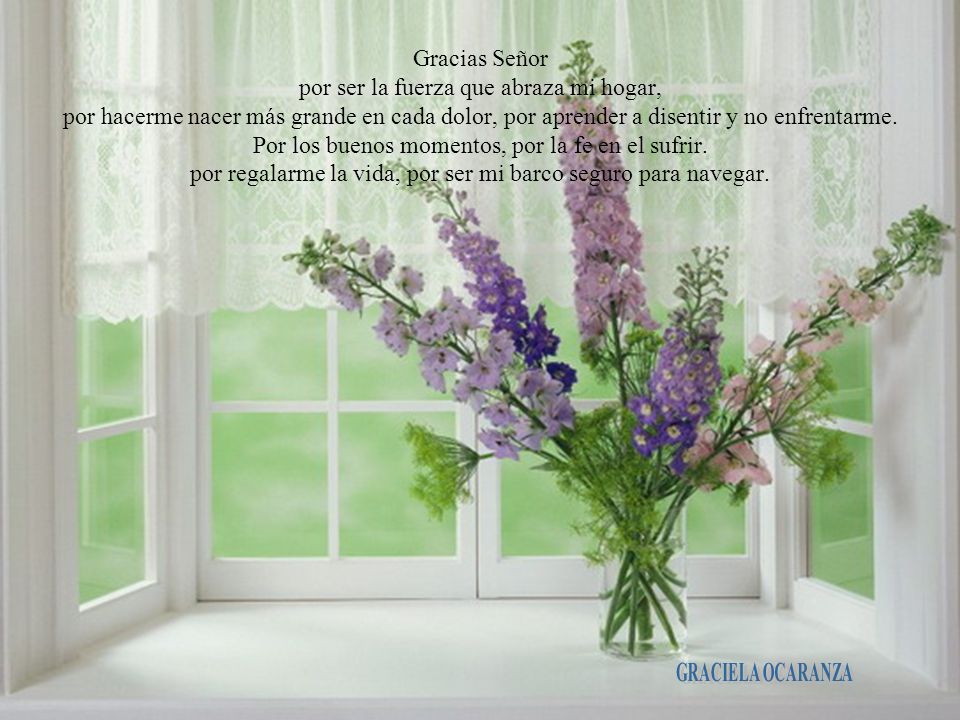 Gracias Señor por ser la fuerza que abraza mi hogar, por hacerme nacer más grande en cada dolor, por aprender a disentir y no enfrentarme. Por los buenos momentos, por la fe en el sufrir. por regalarme la vida, por ser mi barco seguro para navegar.