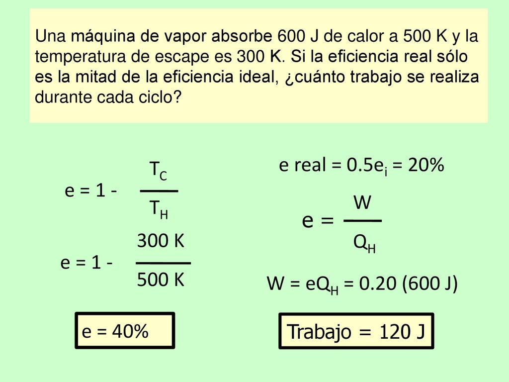 e real = 0.5ei = 20% TC TH e = 1 - W QH e = 300 K 500 K e = 1 -