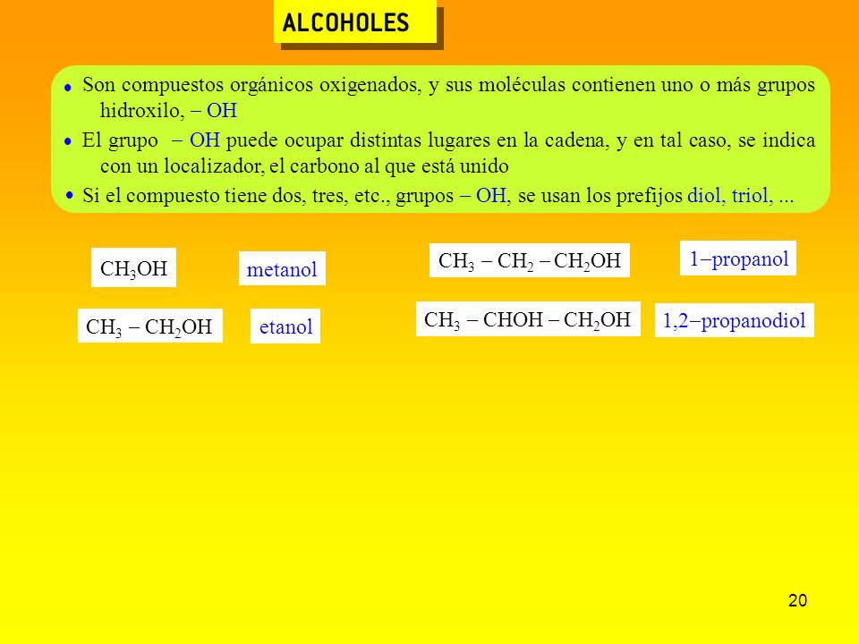 ALCOHOLES  Son compuestos orgánicos oxigenados, y sus moléculas contienen uno o más grupos hidroxilo, - OH.
