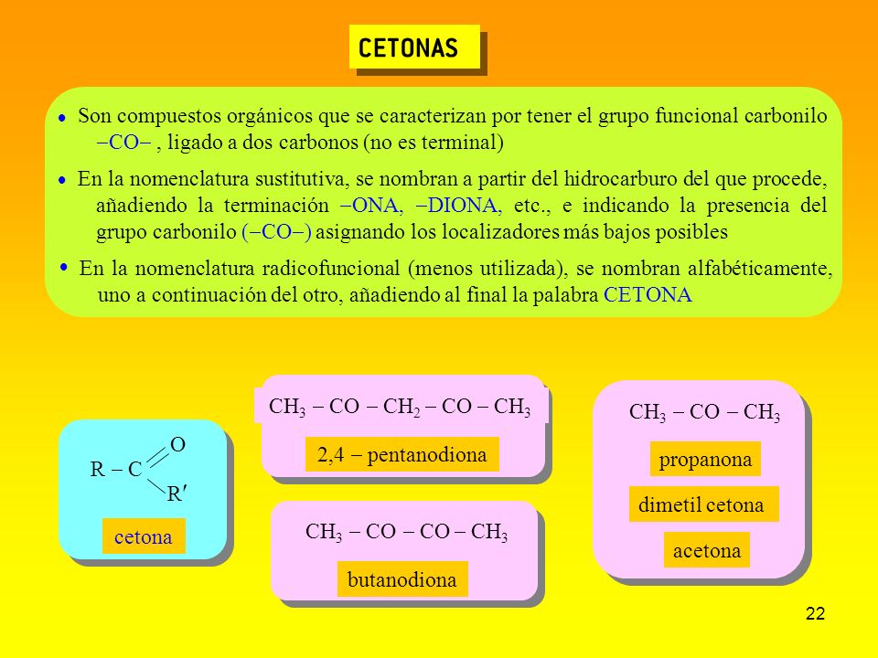 CETONAS  Son compuestos orgánicos que se caracterizan por tener el grupo funcional carbonilo -CO- , ligado a dos carbonos (no es terminal)