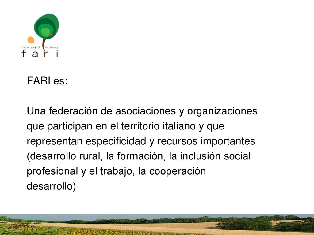 FARI es: Una federación de asociaciones y organizaciones. que participan en el territorio italiano y que.
