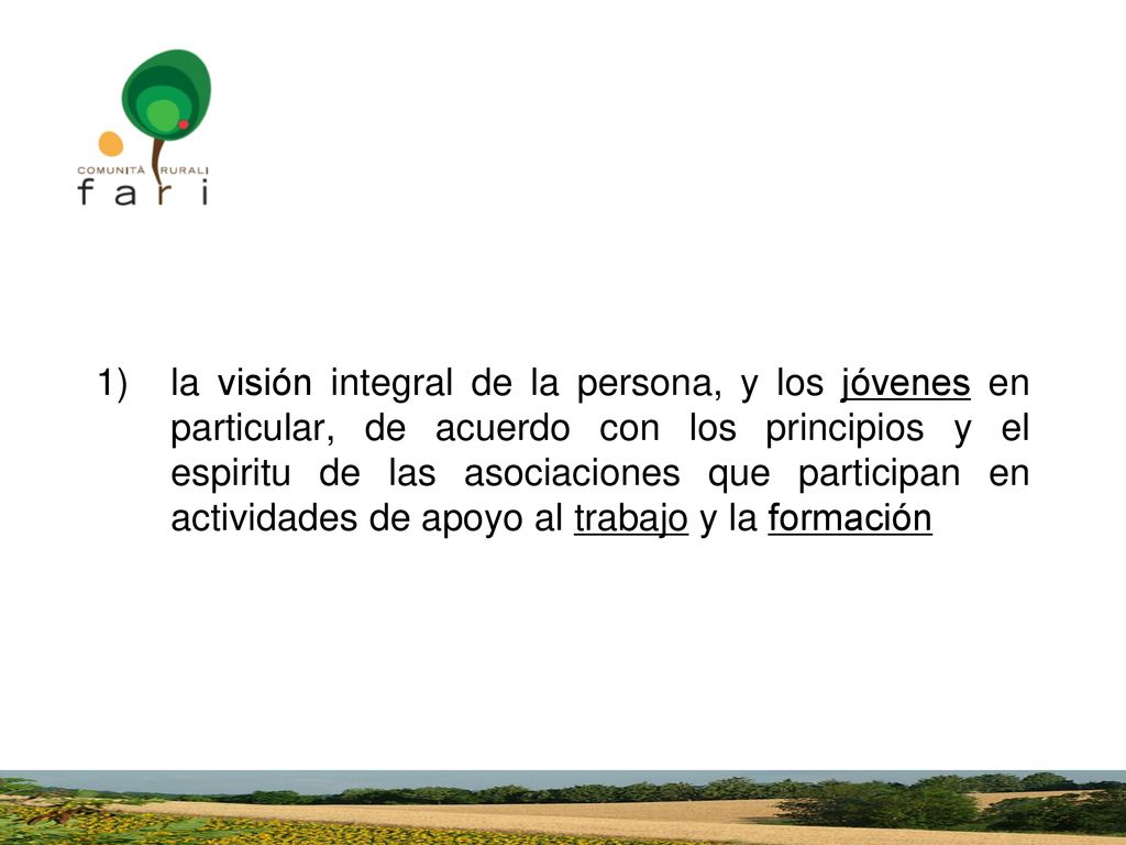 la visión integral de la persona, y los jóvenes en particular, de acuerdo con los principios y el espiritu de las asociaciones que participan en actividades de apoyo al trabajo y la formación