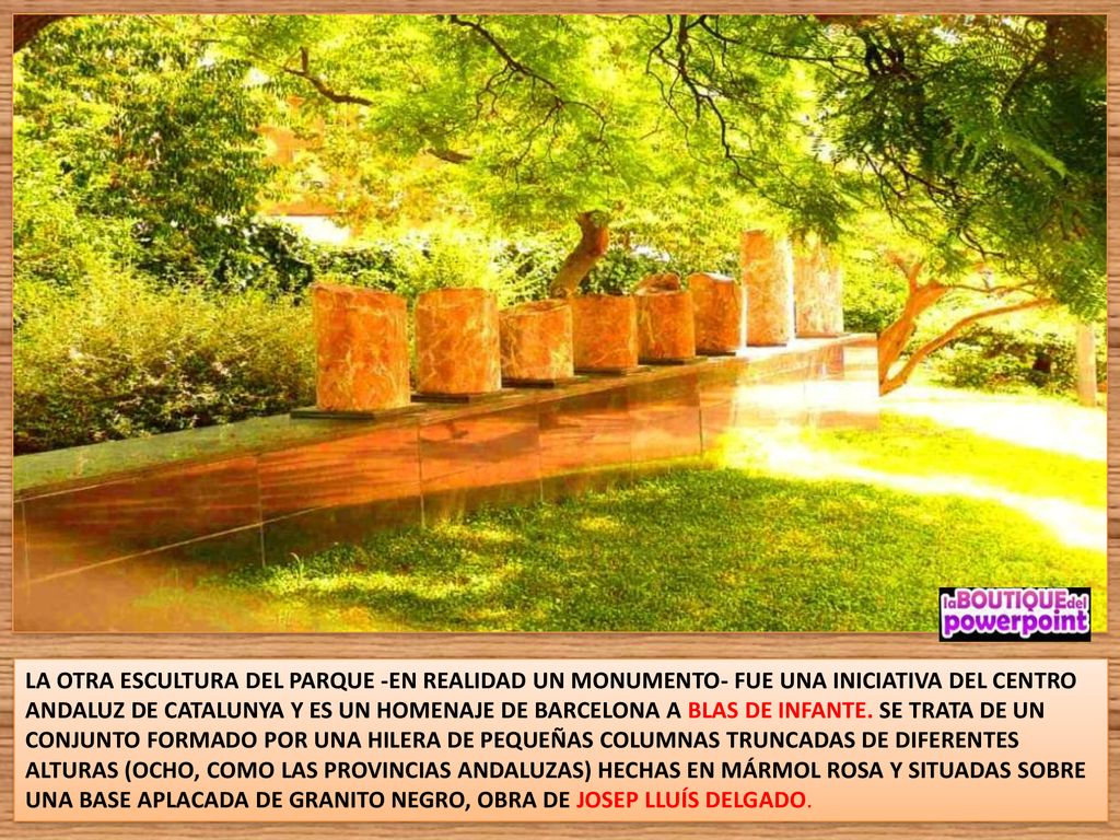 LA OTRA ESCULTURA DEL PARQUE -EN REALIDAD UN MONUMENTO- FUE UNA INICIATIVA DEL CENTRO ANDALUZ DE CATALUNYA Y ES UN HOMENAJE DE BARCELONA A BLAS DE INFANTE.