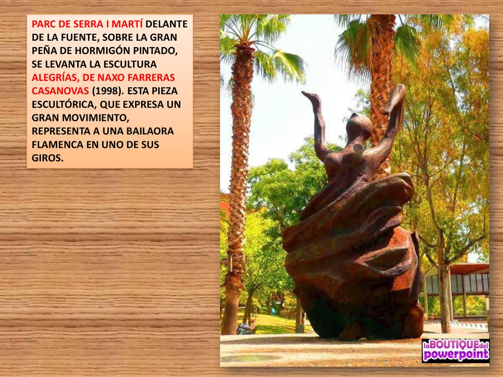 PARC DE SERRA I MARTÍ DELANTE DE LA FUENTE, SOBRE LA GRAN PEÑA DE HORMIGÓN PINTADO, SE LEVANTA LA ESCULTURA ALEGRÍAS, DE NAXO FARRERAS CASANOVAS (1998).