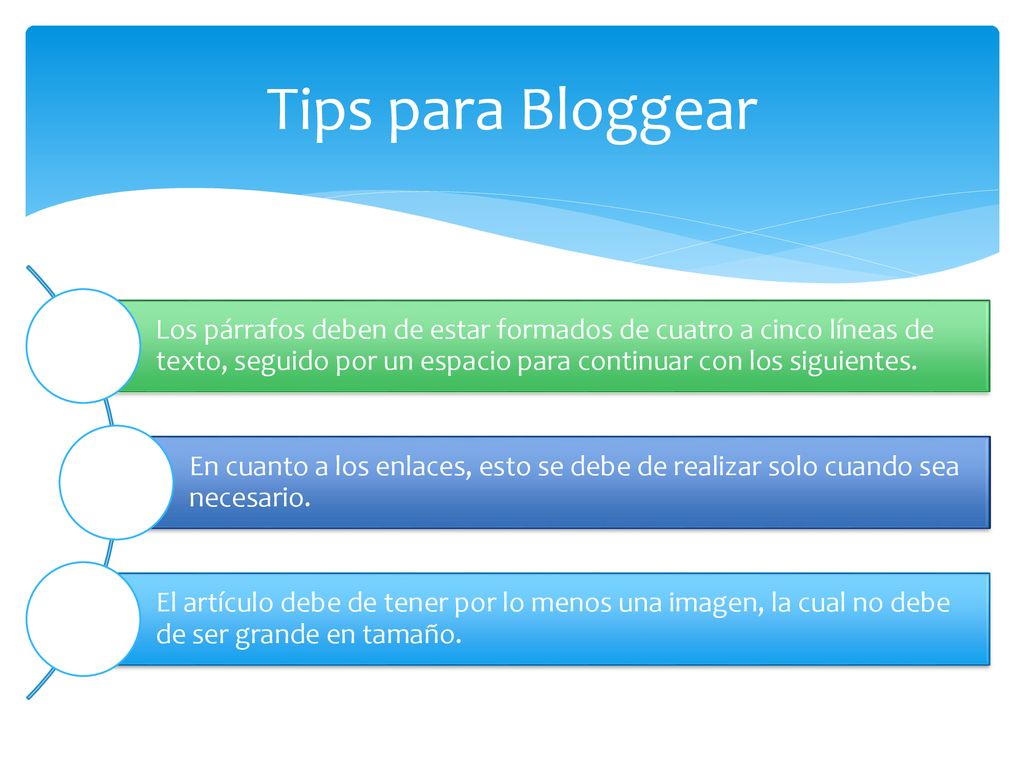 Tips para Bloggear Los párrafos deben de estar formados de cuatro a cinco líneas de texto, seguido por un espacio para continuar con los siguientes.